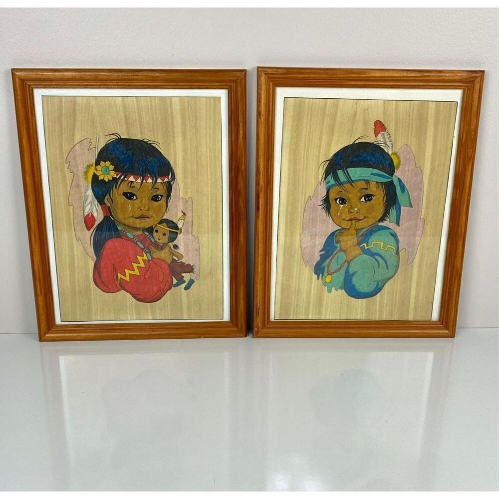 Native American Girl Boy Tear Crying Wall Art Painting 14.5x11.5in Framed Set DZ